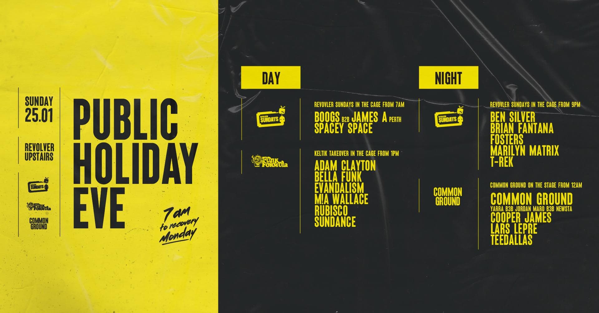Public Holiday Eve — Funk Formula, Common Ground & Revolver Sundays